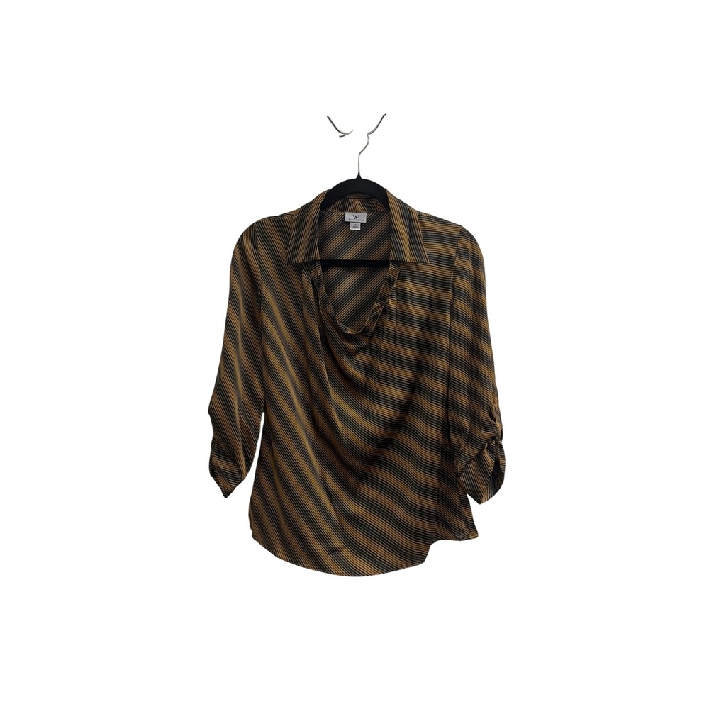 Worthington Womens Brown Black Striped Cowl Neck 3/4 Sleeve Blouse Small‎